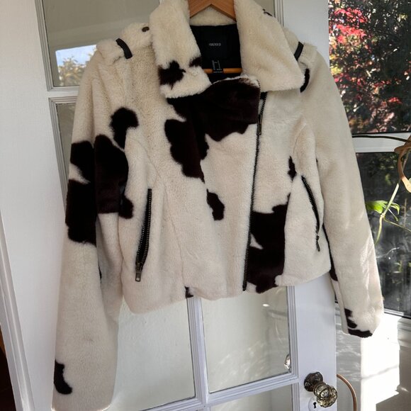 Minky Faux Fur Cow Print Moto Jacket - Picture 2 of 9